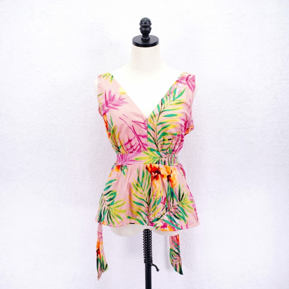 New York & Company -Small- Pink Green Floral Sleeveless Top Blouse V-Neck Belted